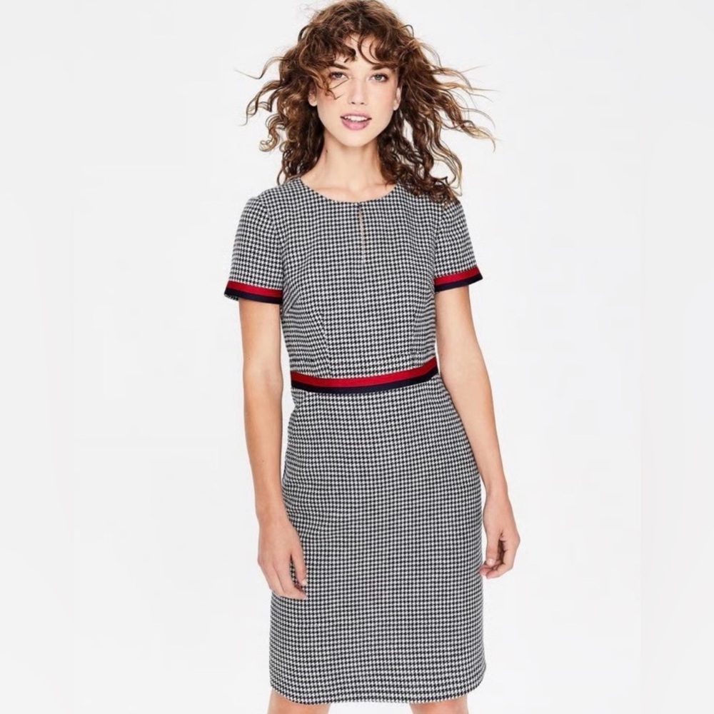 Boden Black & White Houndstooth Shift Dress with Red Trim - Picture 6 of 14